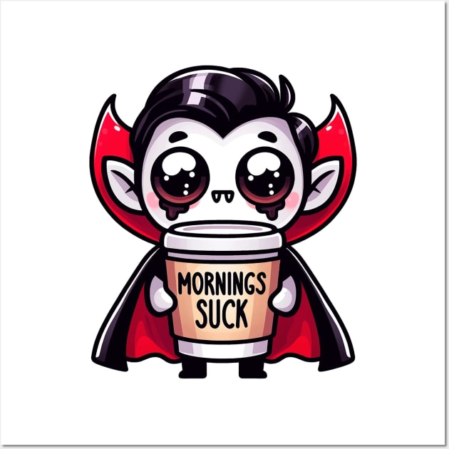 Mornings Suck Vampire Pun With Coffee Sleepy Nightshirt Wall Art by Dad and Co